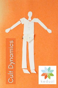 A human made out of pieces of paper with the words Cult Dynamics and the keduzi logo, which is a colourful flower.