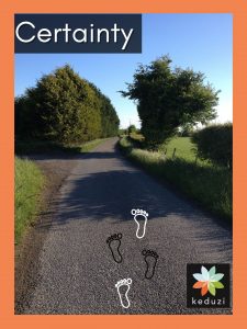 An English road with trees and a blue sky with the word Certainty and the keduzi logo, which is a colourful flower.