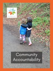 Two four-year old female-presenting humans walking down a street, arm in arm, with their backs to the camera. Over the image are the words “Community Accountability” and the Keduzi logo, which is a colourful flower.
